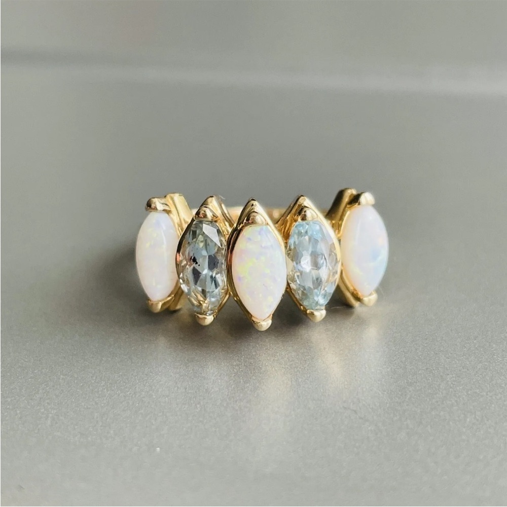 14K Gold Opal & Blue Topaz Marquise Cut Channel Ring - Picture 4 of 11